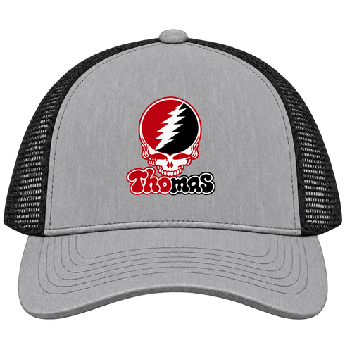 Thomas Stealie Premium Unisex Trucker Cap — Design: Thomas College — Heather Grey/Black