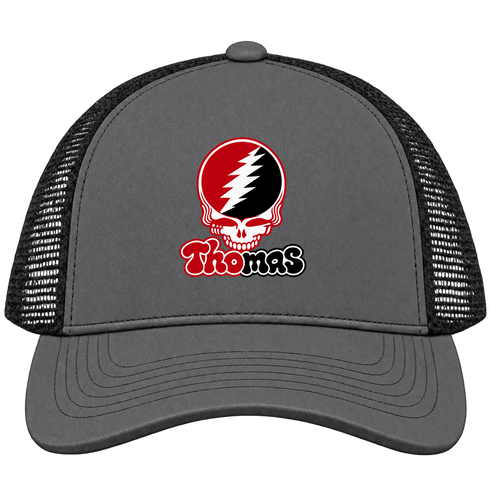Thomas Stealie Premium Unisex Trucker Cap — Design: Thomas College — Charcoal/Black