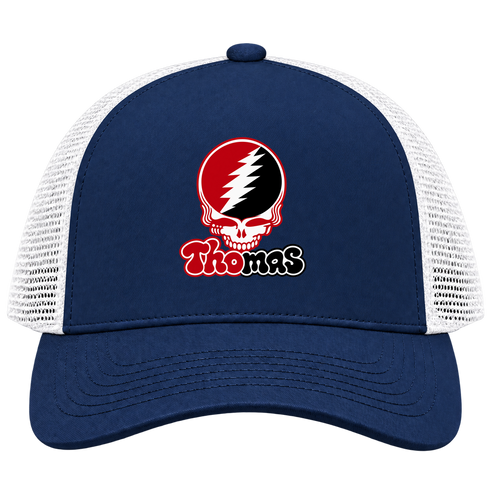 Thomas Stealie Premium Unisex Trucker Cap — Design: Thomas College — Navy/White