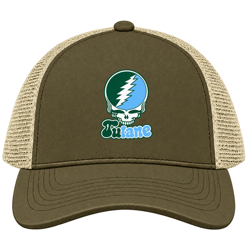 Tulane Stealie Premium Unisex Trucker Cap — Design: Tulane University — Moss/Khaki
