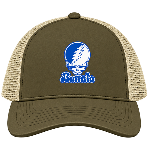 Buffalo Stealie Premium Unisex Trucker Cap — Design: University at Buffalo — Moss/Khaki