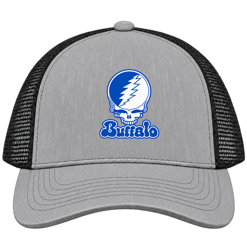 Buffalo Stealie Premium Unisex Trucker Cap — Design: University at Buffalo — Heather Grey/Black