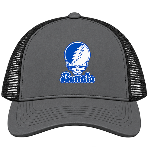 Buffalo Stealie Premium Unisex Trucker Cap — Design: University at Buffalo — Charcoal/Black