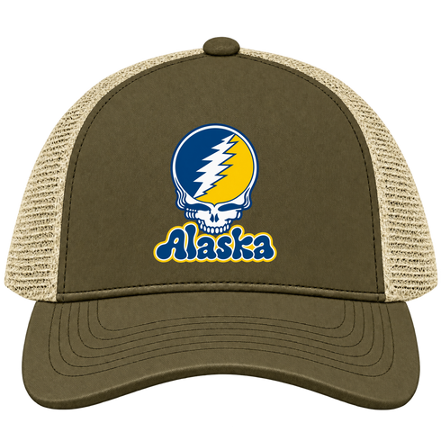 Alaska Stealie Premium Unisex Trucker Cap — Design: University of Alaska (campus unspecified) — Moss/Khaki