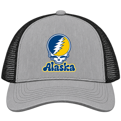 Alaska Stealie Premium Unisex Trucker Cap — Design: University of Alaska (campus unspecified) — Heather Grey/Black