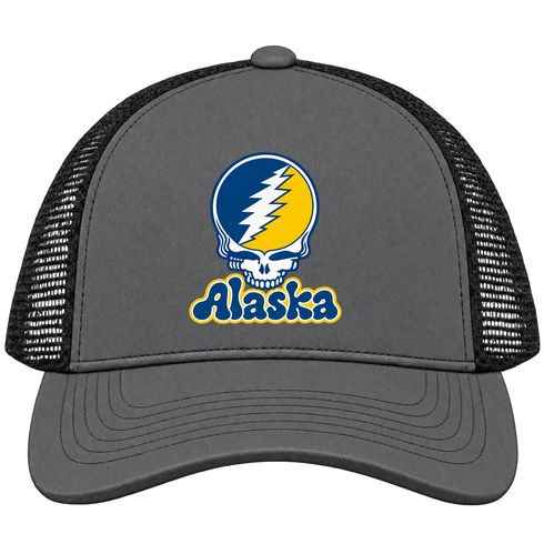 Alaska Stealie Premium Unisex Trucker Cap — Design: University of Alaska (campus unspecified) — Charcoal/Black