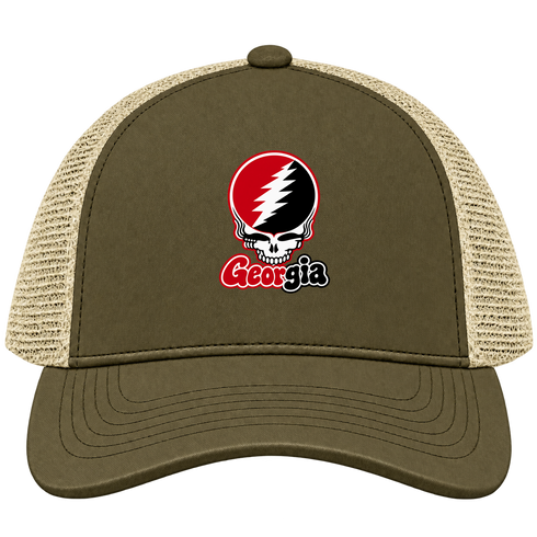 Georgia Stealie Premium Unisex Trucker Cap — Design: University of Georgia — Moss/Khaki
