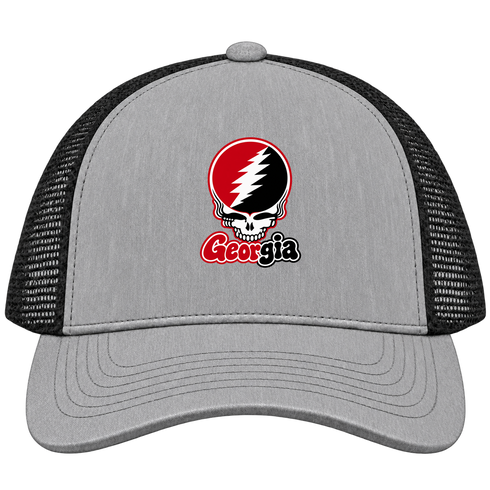 Georgia Stealie Premium Unisex Trucker Cap — Design: University of Georgia — Heather Grey/Black