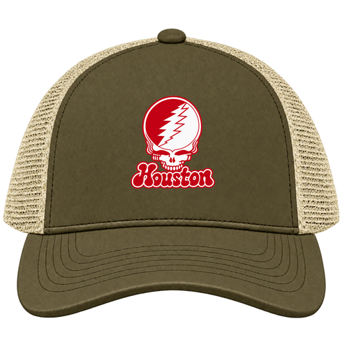 Houston Stealie Premium Unisex Trucker Cap — Design: University of Houston — Moss/Khaki