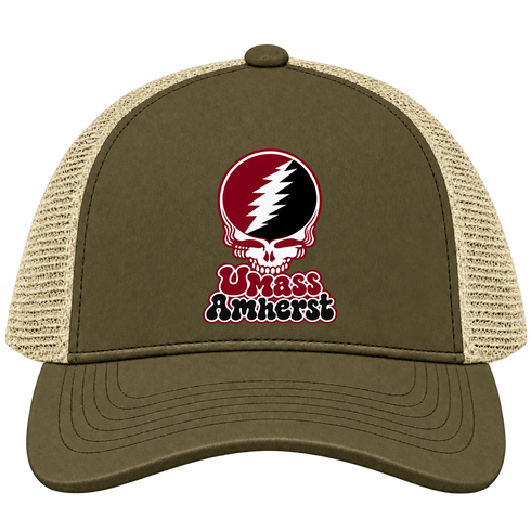 Amherst Stealie Premium Unisex Trucker Cap — Design: University of Massachusetts Amherst — Moss/Khaki