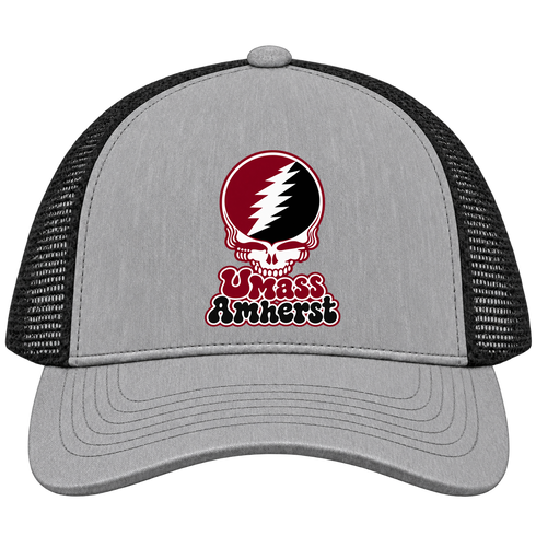 Amherst Stealie Premium Unisex Trucker Cap — Design: University of Massachusetts Amherst — Heather Grey/Black