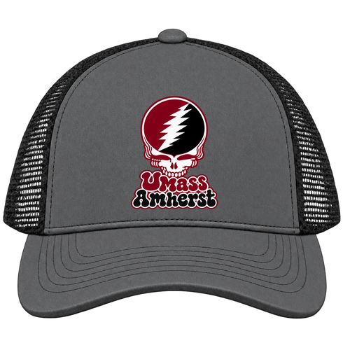 Amherst Stealie Premium Unisex Trucker Cap — Design: University of Massachusetts Amherst — Charcoal/Black