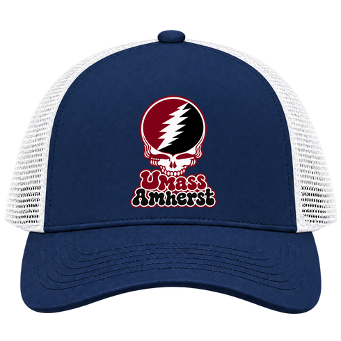 Amherst Stealie Premium Unisex Trucker Cap — Design: University of Massachusetts Amherst — Navy/White