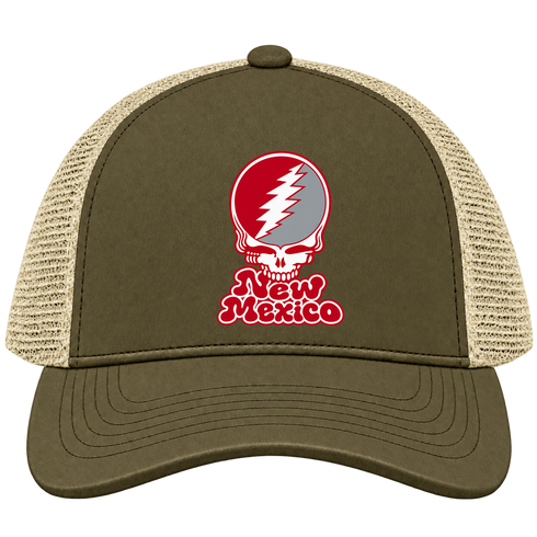 New Mexico Stealie Premium Unisex Trucker Cap — Design: University of New Mexico — Moss/Khaki