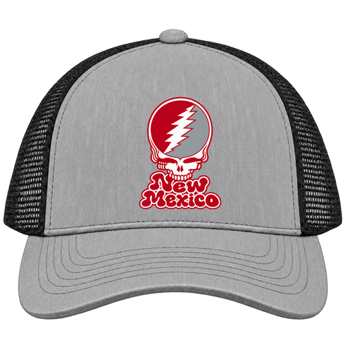 New Mexico Stealie Premium Unisex Trucker Cap — Design: University of New Mexico — Heather Grey/Black
