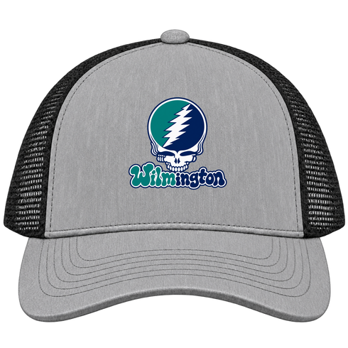 Wilmington Stealie Premium Unisex Trucker Cap — Design: University of North Carolina Wilmington — Heather Grey/Black