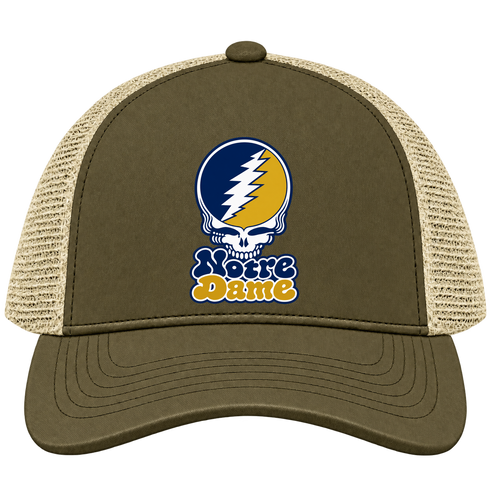 Notre Dame Stealie Premium Unisex Trucker Cap — Design: University of Notre Dame — Moss/Khaki