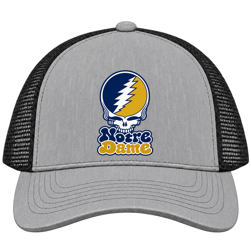 Notre Dame Stealie Premium Unisex Trucker Cap — Design: University of Notre Dame — Heather Grey/Black