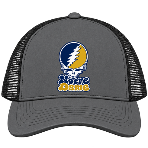 Notre Dame Stealie Premium Unisex Trucker Cap — Design: University of Notre Dame — Charcoal/Black