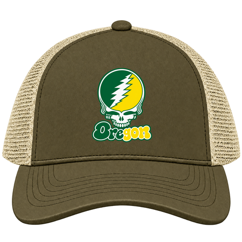 Oregon Stealie Premium Unisex Trucker Cap — Design: University of Oregon — Moss/Khaki