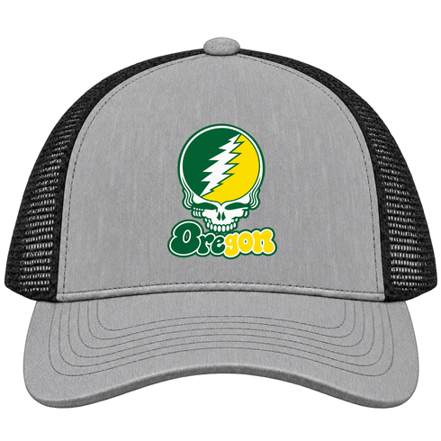 Oregon Stealie Premium Unisex Trucker Cap — Design: University of Oregon — Heather Grey/Black
