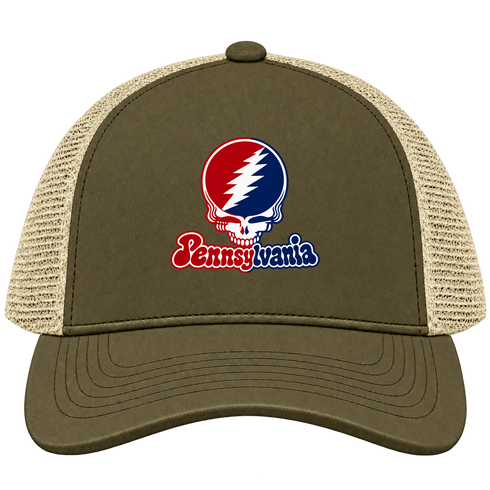 Pennsylvania Stealie Premium Unisex Trucker Cap — Design: University of Pennsylvania — Moss/Khaki
