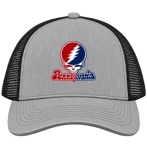 Pennsylvania Stealie Premium Unisex Trucker Cap — Design: University of Pennsylvania — Heather Grey/Black