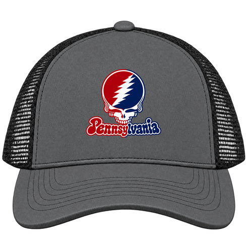 Pennsylvania Stealie Premium Unisex Trucker Cap — Design: University of Pennsylvania — Charcoal/Black