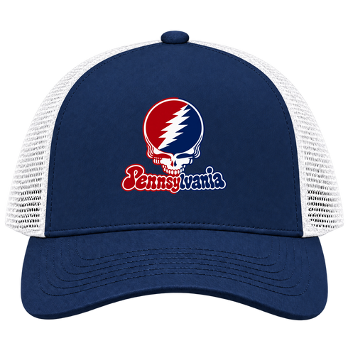 Pennsylvania Stealie Premium Unisex Trucker Cap — Design: University of Pennsylvania — Navy/White