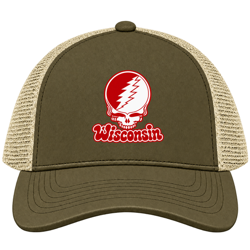 Wisconsin Stealie Premium Unisex Trucker Cap — Design: University of Wisconsin — Moss/Khaki