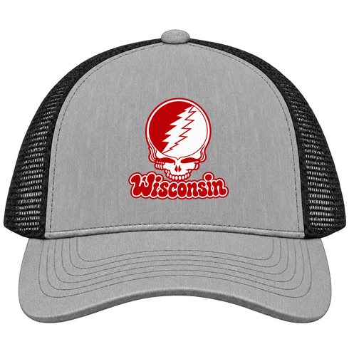 Wisconsin Stealie Premium Unisex Trucker Cap — Design: University of Wisconsin — Heather Grey/Black