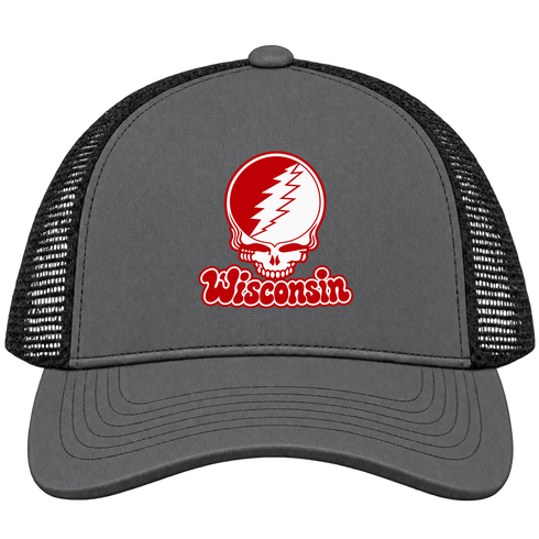 Wisconsin Stealie Premium Unisex Trucker Cap — Design: University of Wisconsin — Charcoal/Black