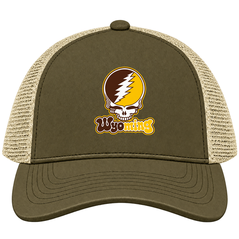Wyoming Stealie Premium Unisex Trucker Cap — Design: University of Wyoming — Moss/Khaki