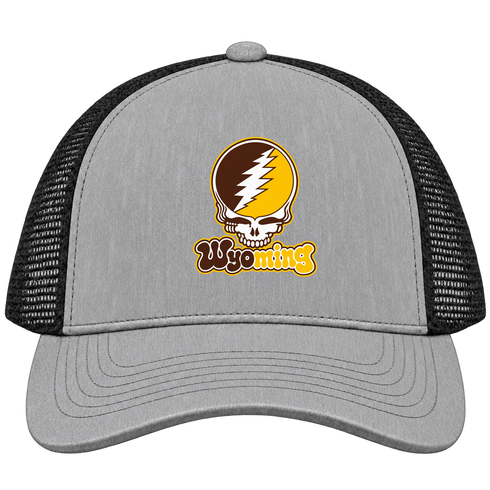 Wyoming Stealie Premium Unisex Trucker Cap — Design: University of Wyoming — Heather Grey/Black