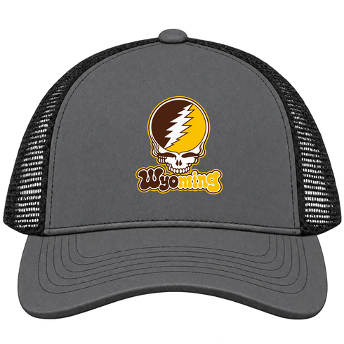 Wyoming Stealie Premium Unisex Trucker Cap — Design: University of Wyoming — Charcoal/Black