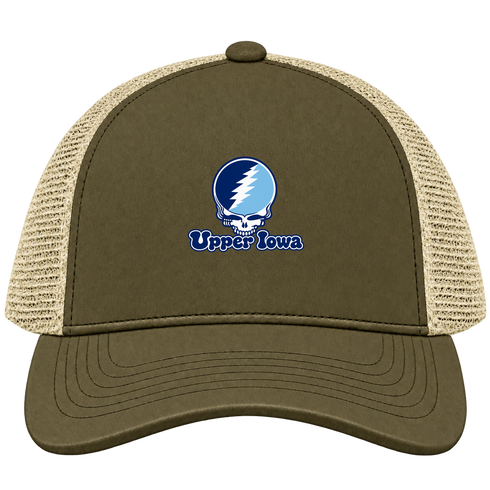 Upper Iowa Stealie Premium Unisex Trucker Cap — Design: Upper Iowa University — Moss/Khaki