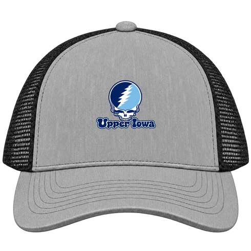 Upper Iowa Stealie Premium Unisex Trucker Cap — Design: Upper Iowa University — Heather Grey/Black