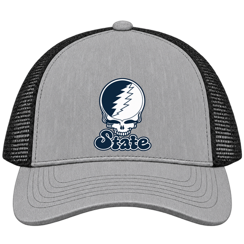 Utah Stealie Premium Unisex Trucker Cap — Design: Utah State University — Heather Grey/Black