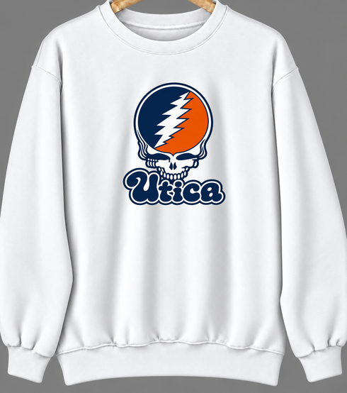 Utica Stealie Premium Unisex Crewneck — Design: Utica College — White