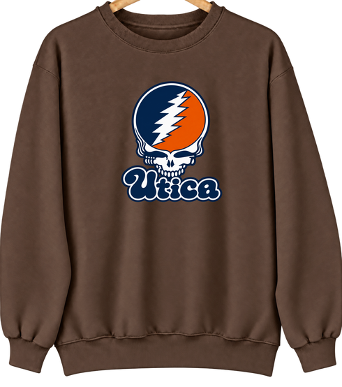 Utica Stealie Premium Unisex Crewneck — Design: Utica College — Brown