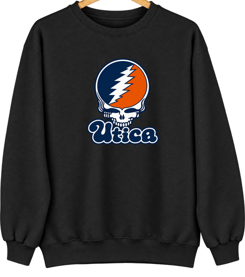 Utica Stealie Premium Unisex Crewneck — Design: Utica College — Black