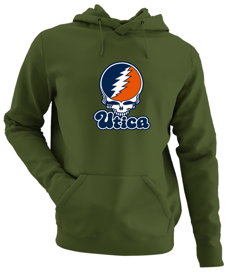 Utica Stealie Premium Unisex Hoodie — Design: Utica College — Military Green