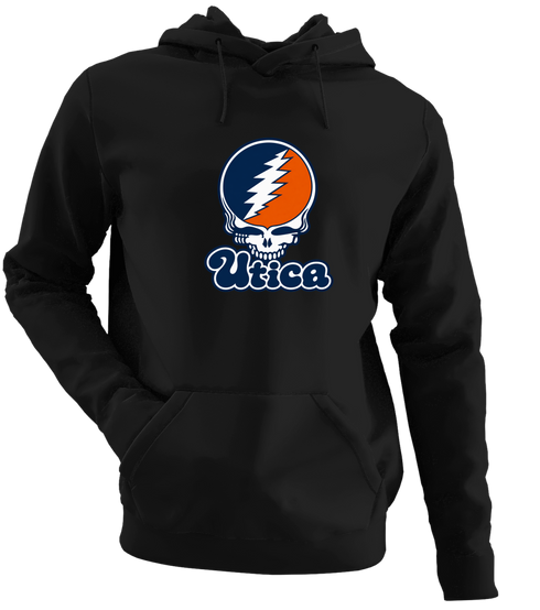 Utica Stealie Premium Unisex Hoodie — Design: Utica College — Black