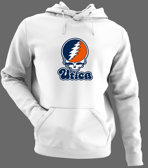 Utica Stealie Premium Unisex Hoodie — Design: Utica College — White/Grey