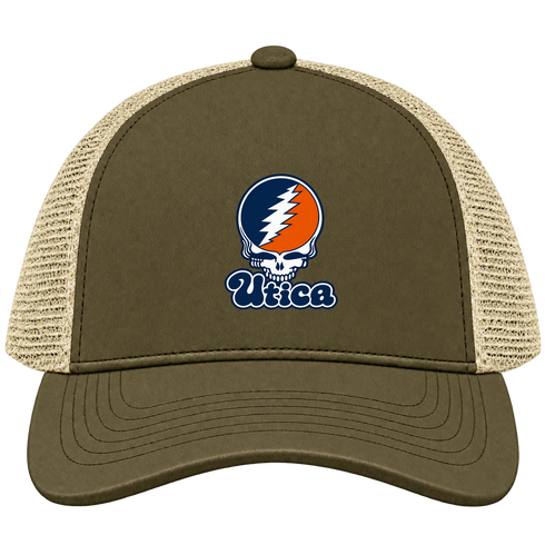 Utica Stealie Premium Unisex Trucker Cap — Design: Utica College — Moss/Khaki