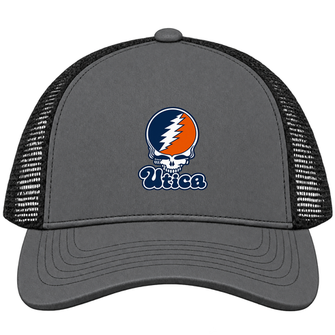 Utica Stealie Premium Unisex Trucker Cap — Design: Utica College — Charcoal/Black