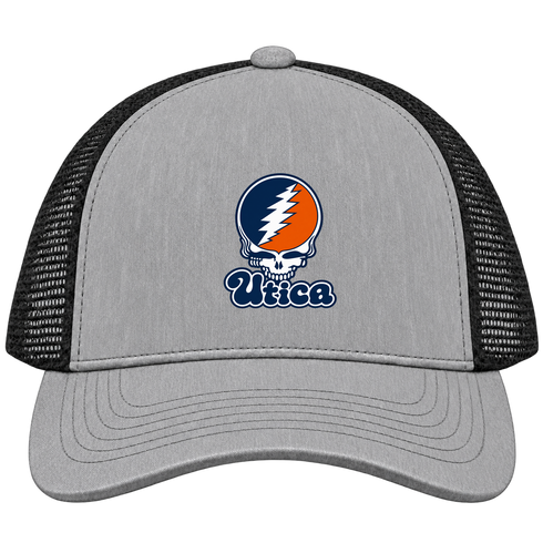 Utica Stealie Premium Unisex Trucker Cap — Design: Utica College — Heather Grey/Black