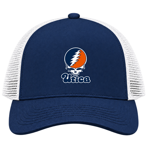 Utica Stealie Premium Unisex Trucker Cap — Design: Utica College — Navy/White