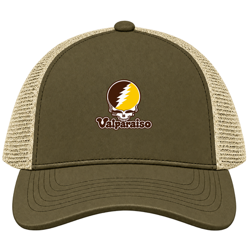 Valparaiso Stealie Premium Unisex Trucker Cap — Design: Valparaiso University — Moss/Khaki