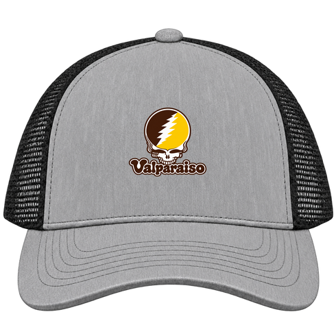 Valparaiso Stealie Premium Unisex Trucker Cap — Design: Valparaiso University — Heather Grey/Black